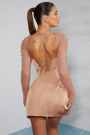 Oh Polly Embellished Geneva 6717 robe mini beige satin strass