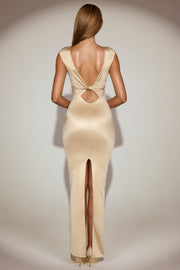 Oh Polly Hivera robe maxi champagne satin dos torsadé