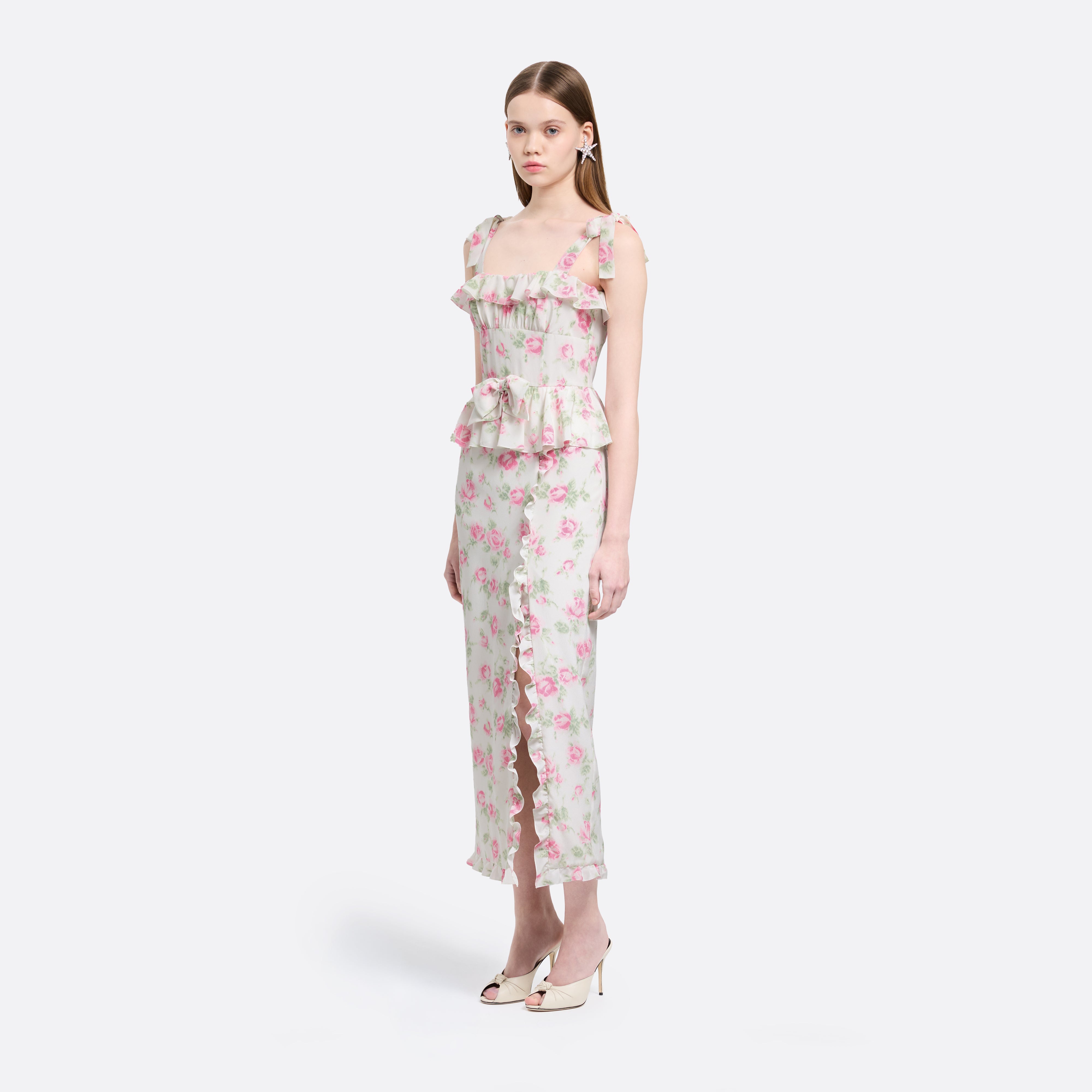 Alessandra Rich Floral-Print Silk Dress robe rose-blanc 36
