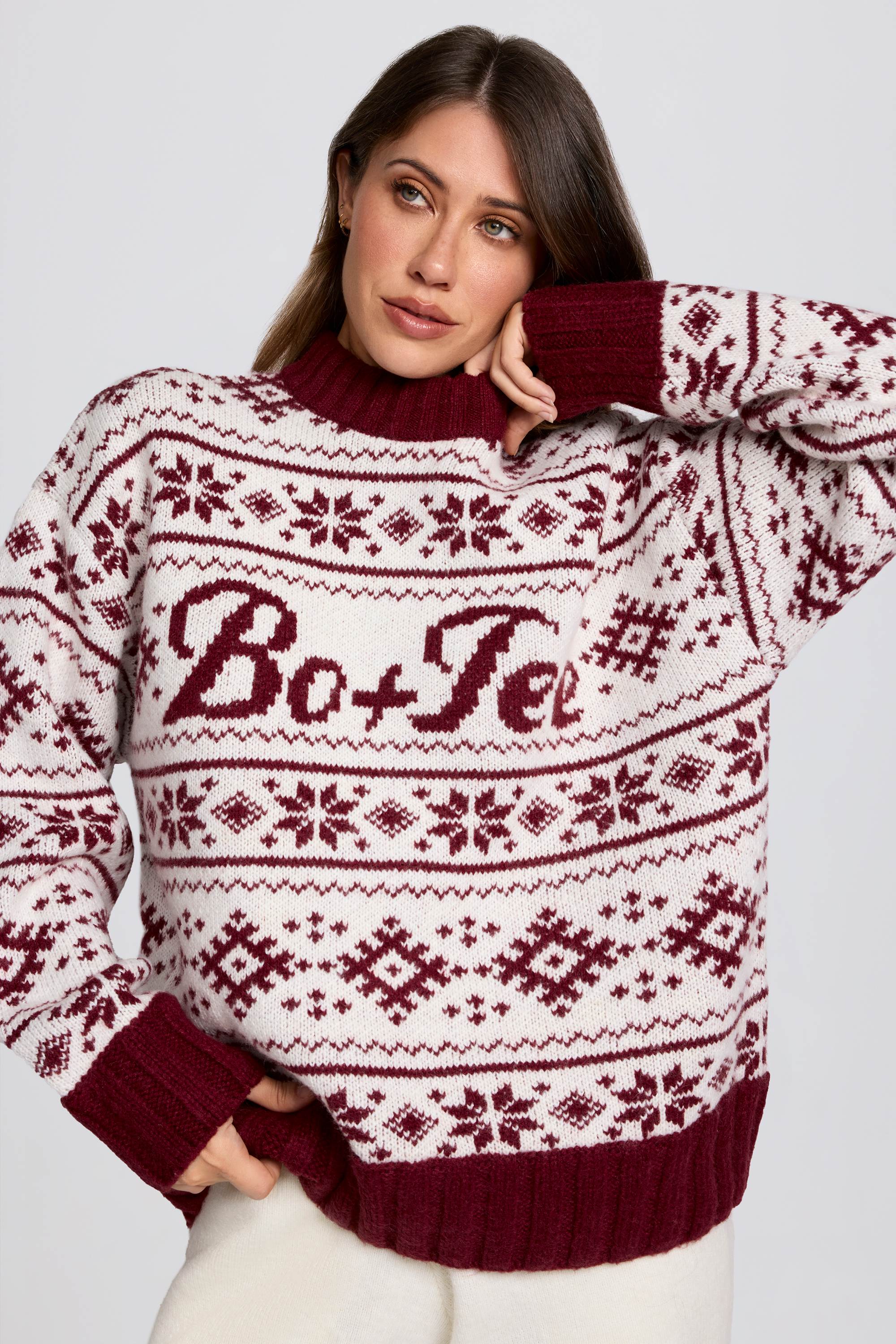 Oh Polly Knitwear Pull Oversize BT2409 Rouge Jacquard Laine