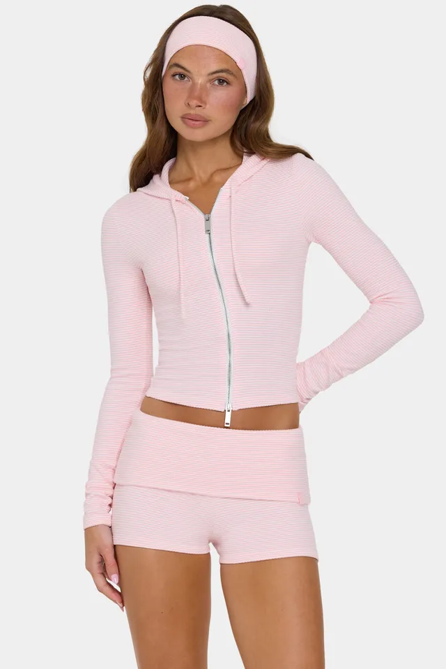 Oh Polly sweat capuche court pêche rayé zippé