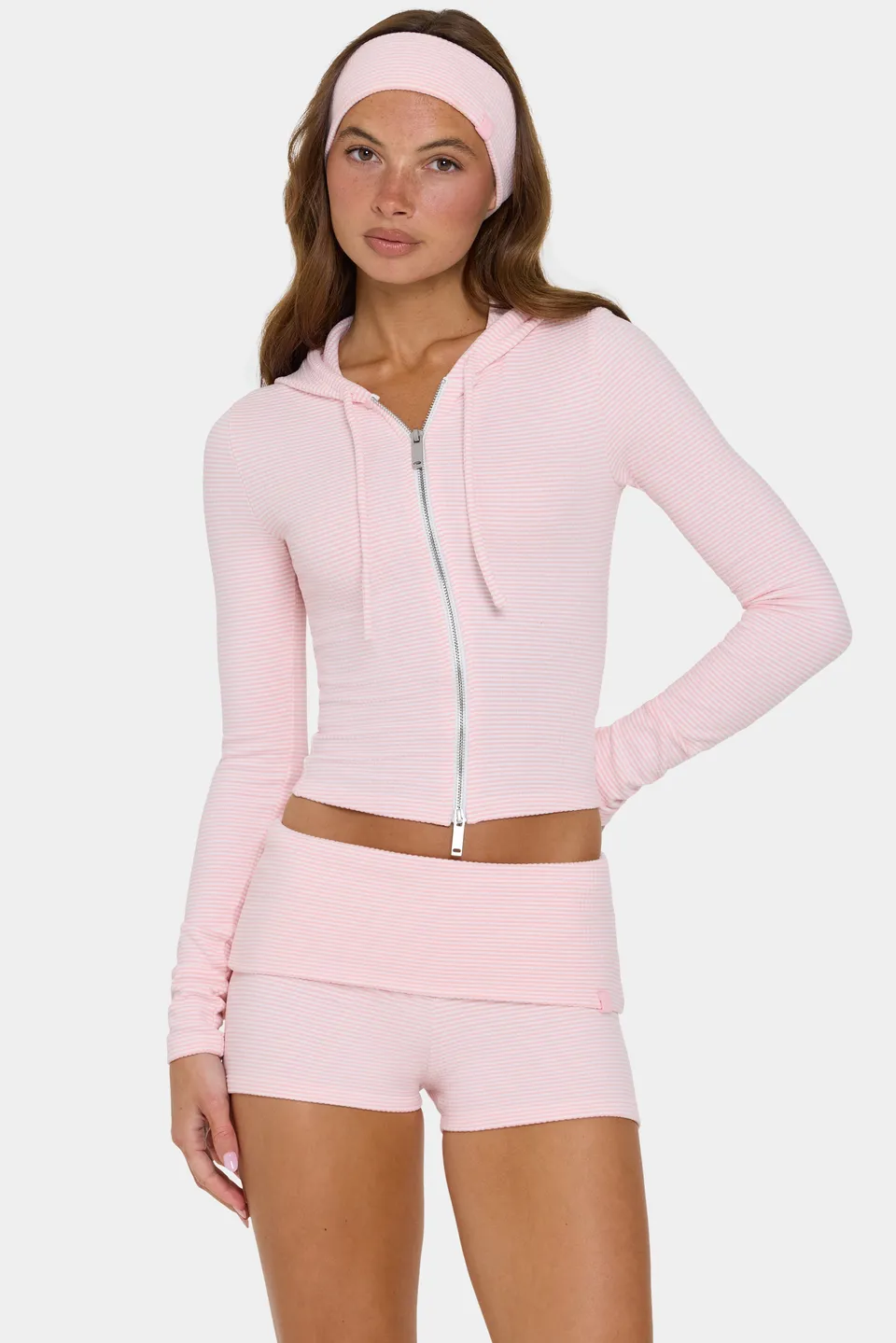 Oh Polly sweat capuche court pêche rayé zippé