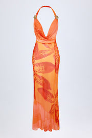 Oh Polly Taveuni robe maxi orange imprimé orchidée