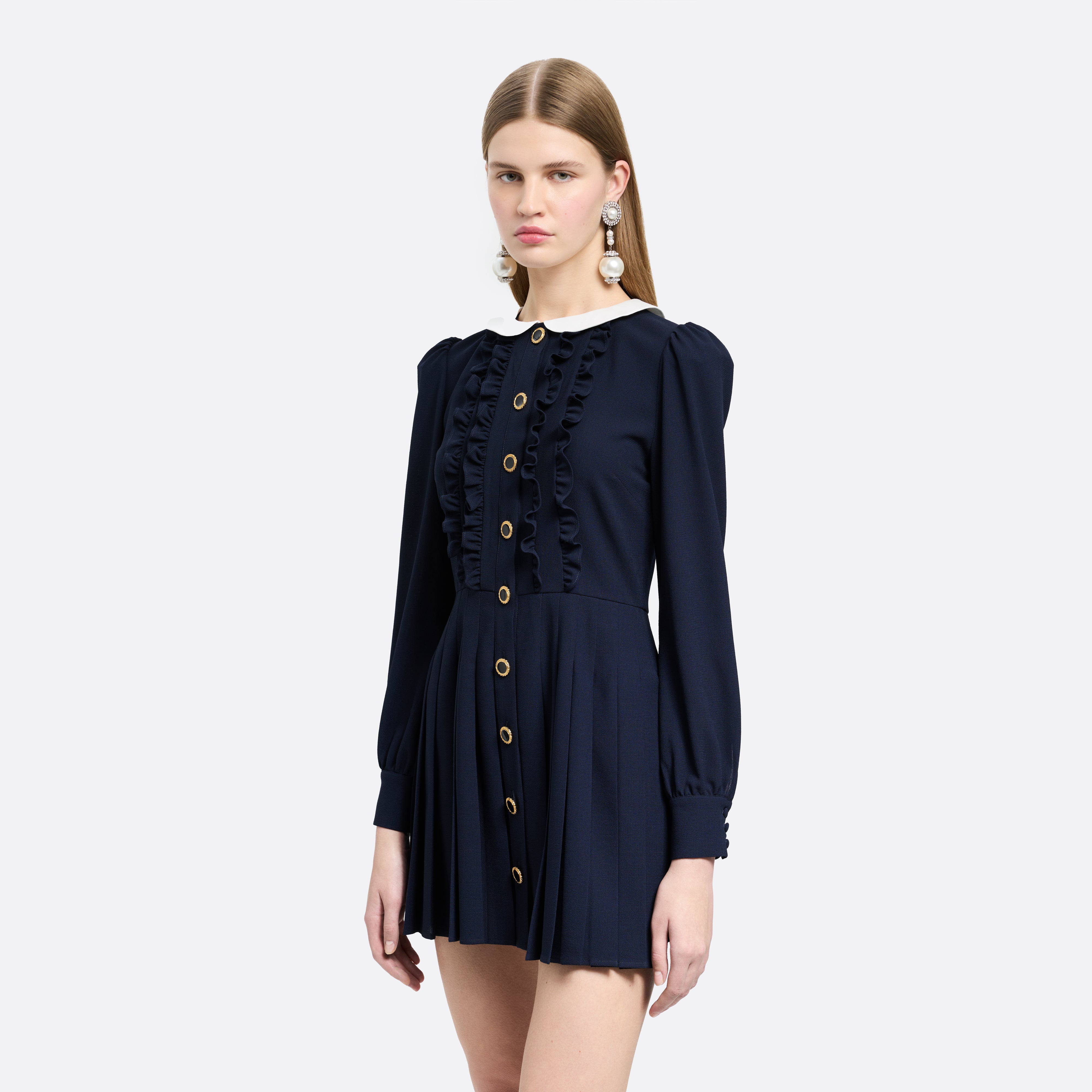Alessandra Rich Dresses Light Wool Mini Robe bleu marine plissée