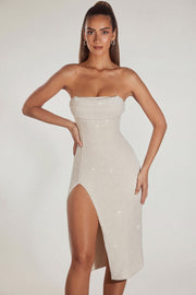 Oh Polly Embellished Verbier robe midi ivoire bandeau perlée