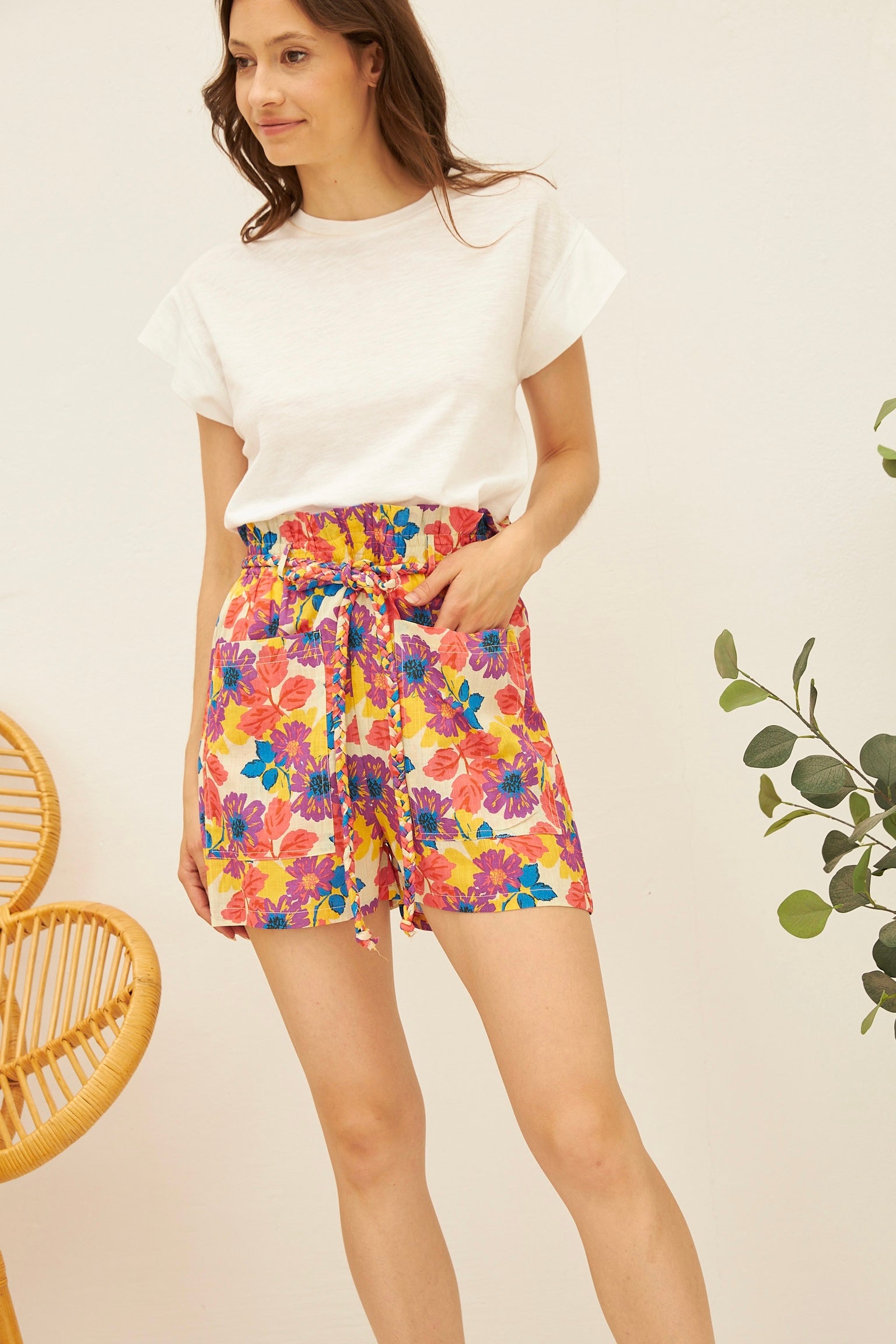 Chicosoleil Bobby short écru Fleurs de Jaipur coton