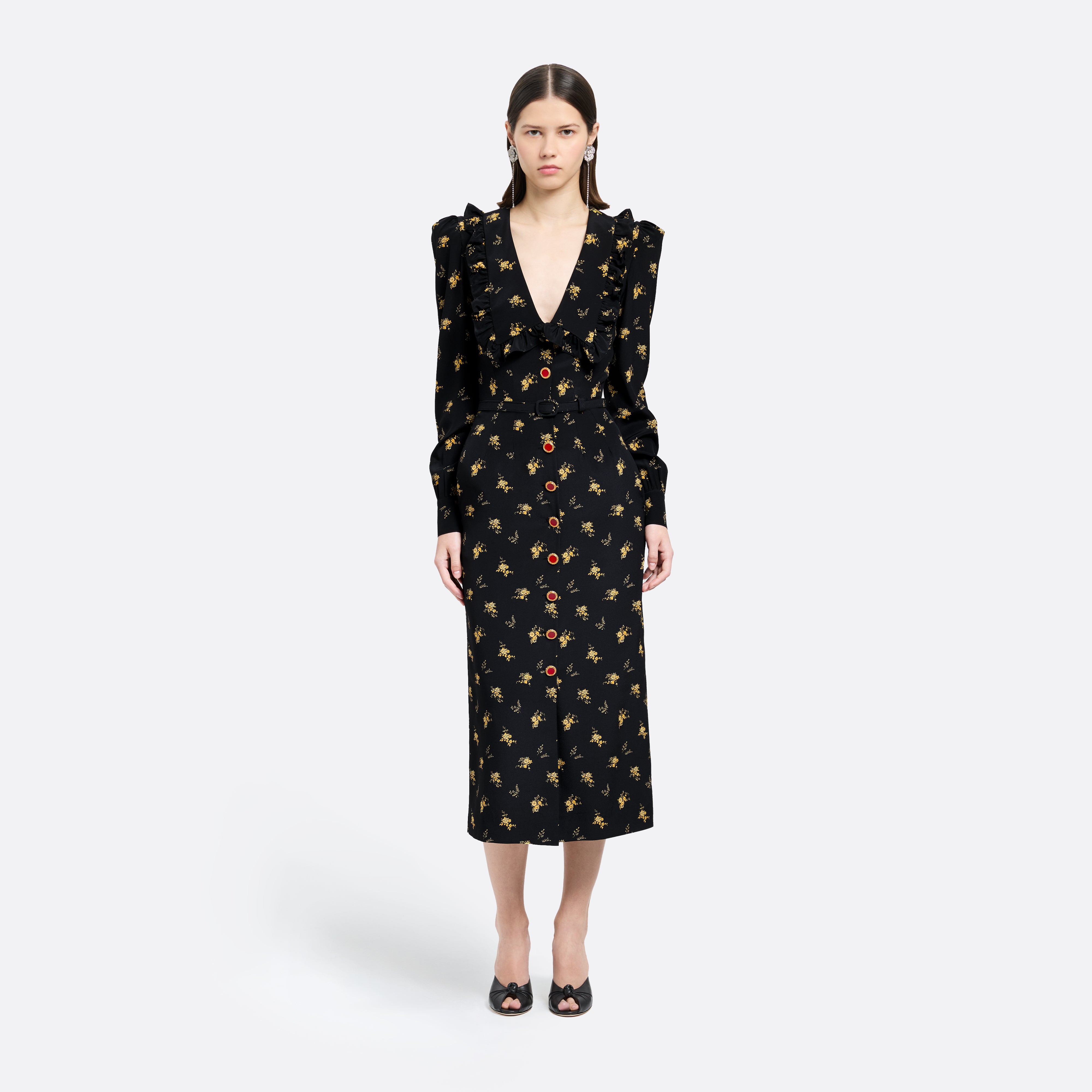 Alessandra Rich robe midi soie fleurs col V noir jaune