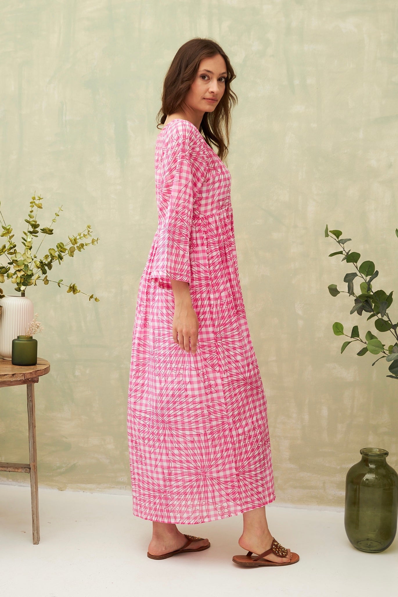 Chicosoleil Claudia robe longue vichy rose coton