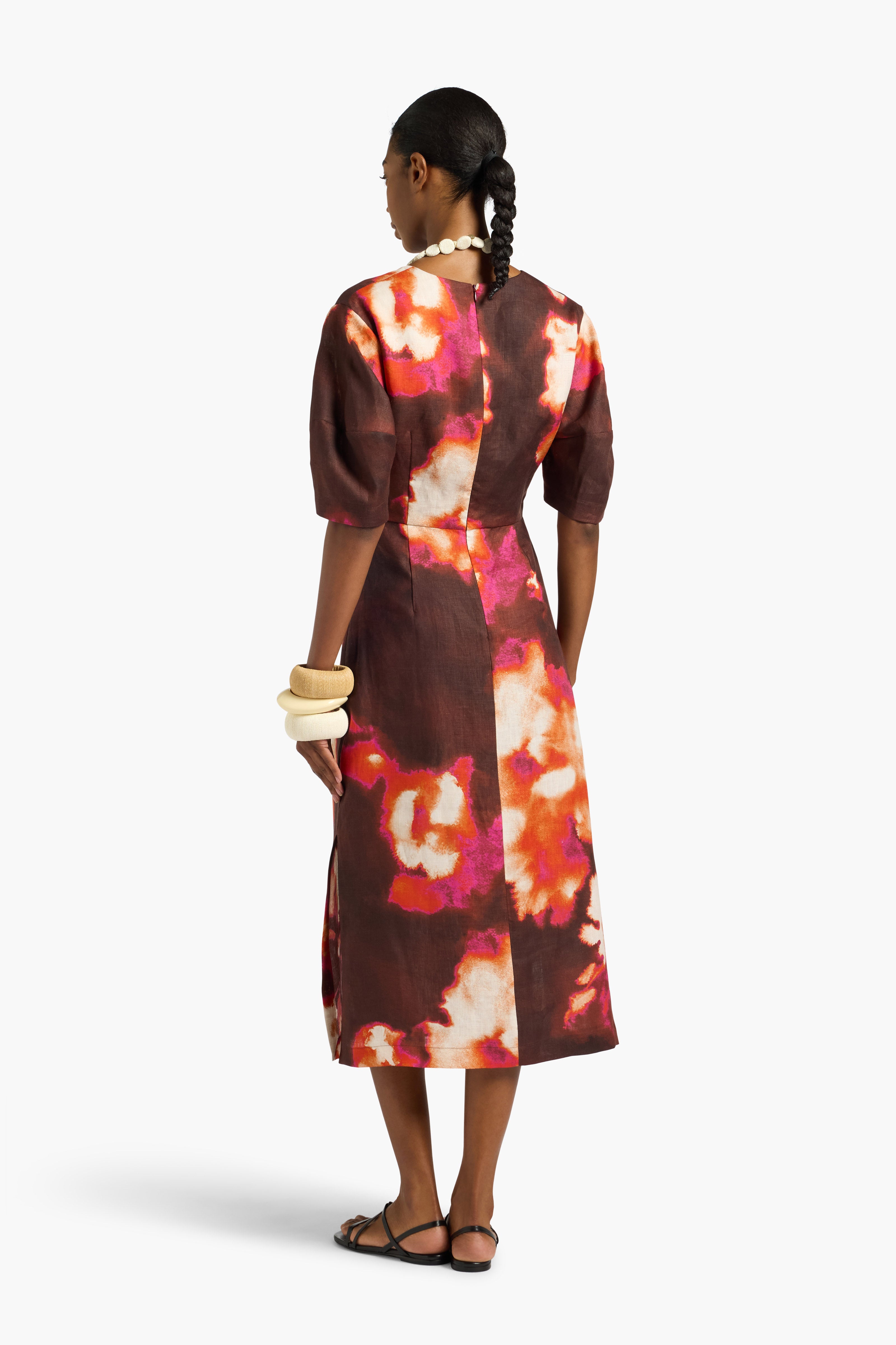 Liviana Conti Camille robe midi lin imprimé fleur bordeaux