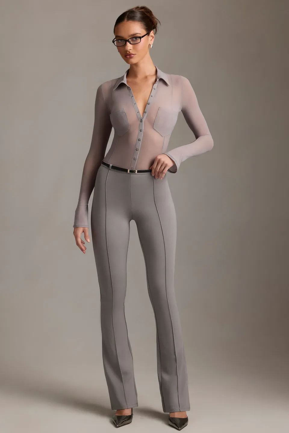Oh Polly Trousers Althea pantalon gris évasé taille basse