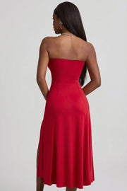 Oh Polly Joely robe bustier rouge jersey fente midaxi