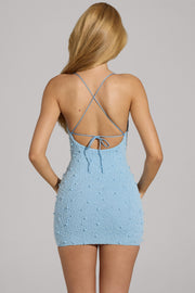 Oh Polly Seychelles robe mini bleu ciel col drapé