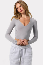 Oh Polly Tops Ruched Crop Top haut crop gris manches longues