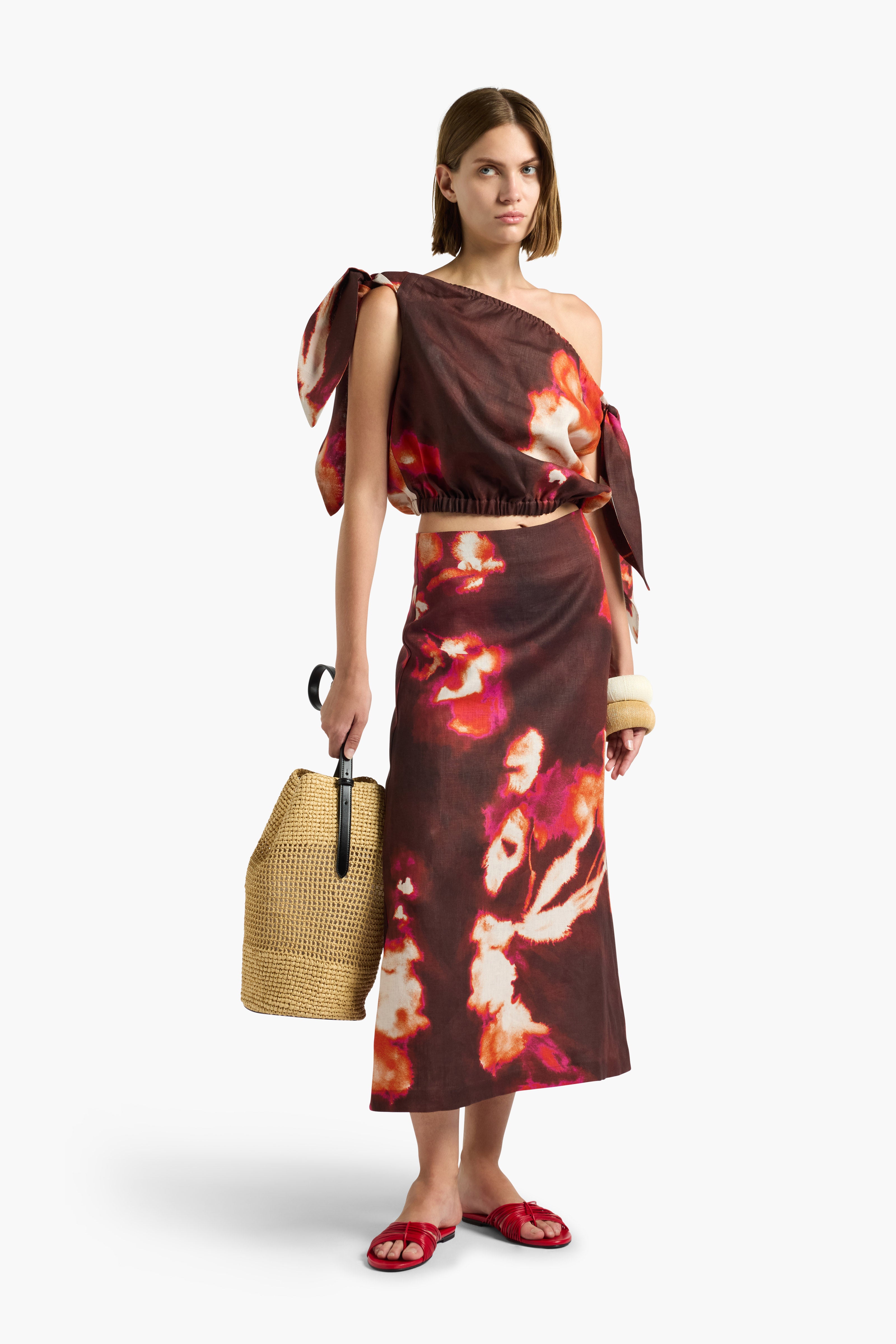 Liviana Conti Diana jupe midi lin bordeaux fleuri