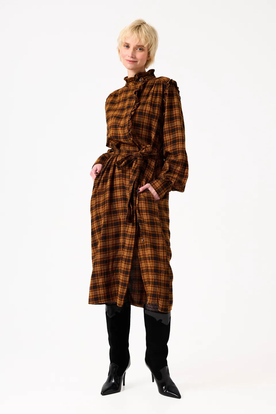 Chicosoleil Aina robe mi-longue tribal plaid coton ceinture