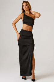 Oh Polly Brisa crop top noir asymétrique satin froncé