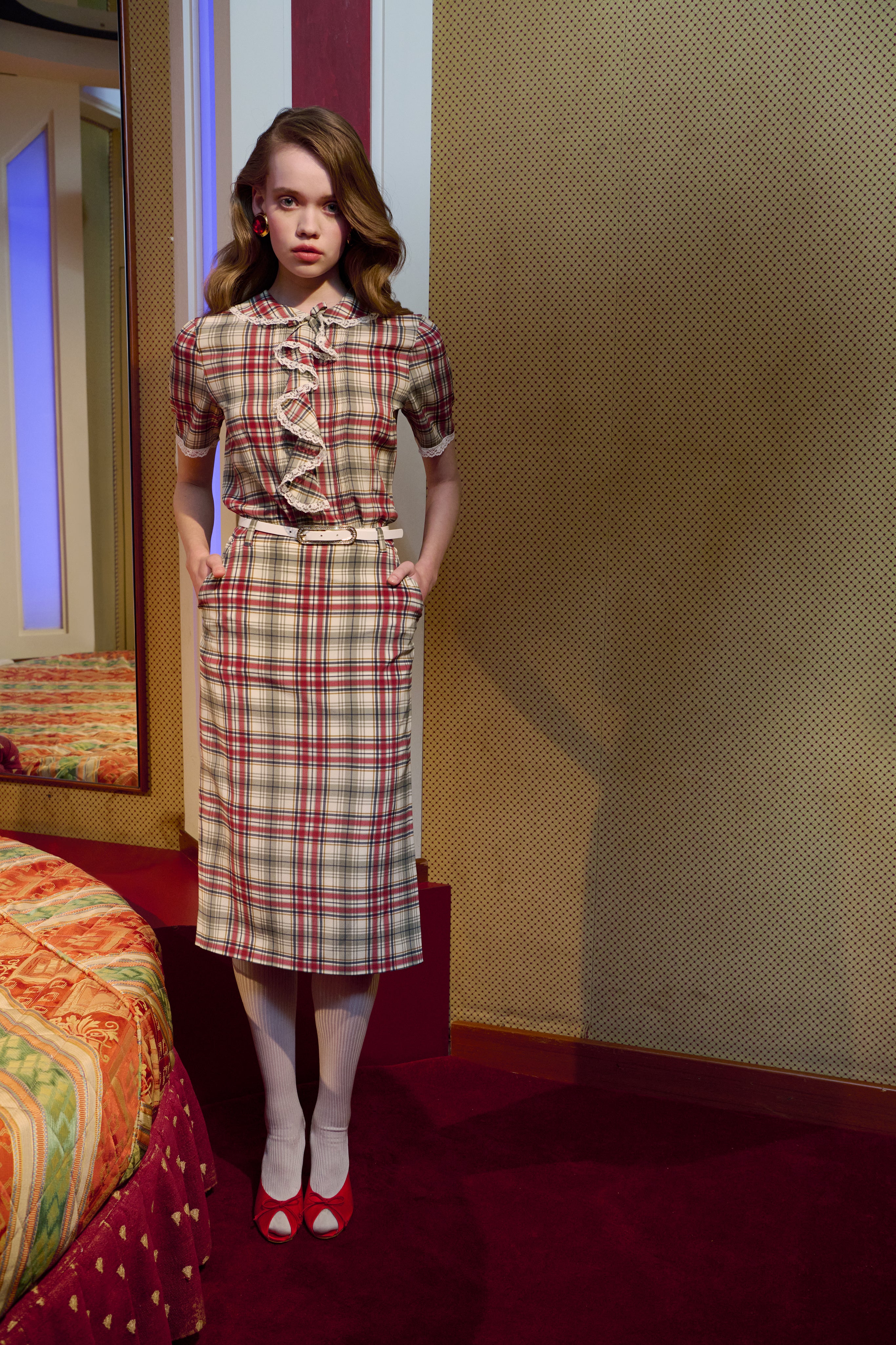 Alessandra Rich Tartan Silk Short Sleeve Blouse chemisier soie 40