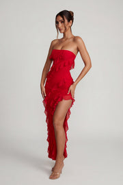Oh Polly Nevali 5634 robe maxi rouge volants