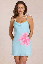 Oh Polly Marielle Mini Robe Bleu Fleuri Chiffon Dos Nu