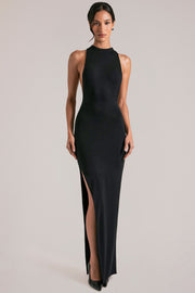 Oh Polly Robe maxi noire sans manches col montant fendue