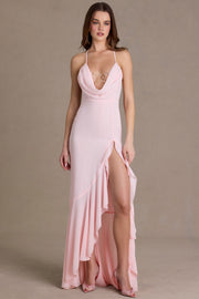 Oh Polly 15978 robe longue rose baby chiffon fendue