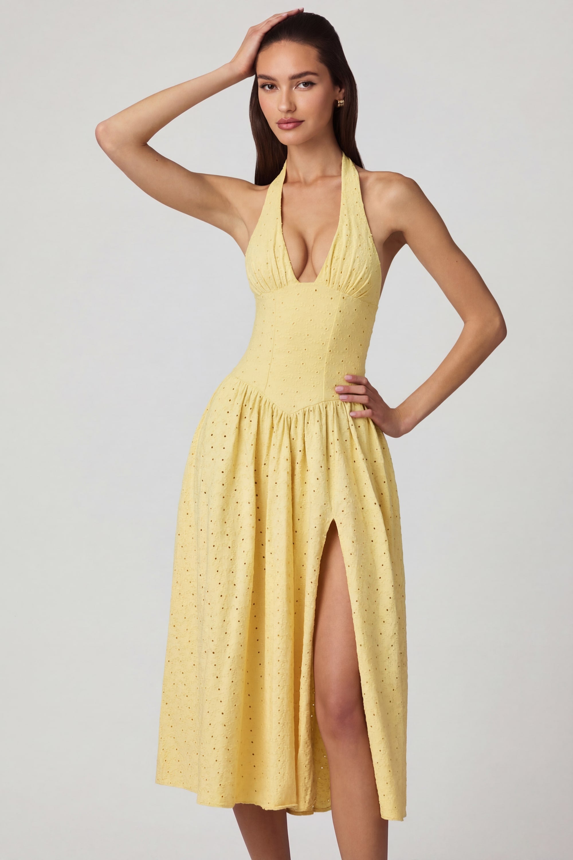 Oh Polly Farrah Robe Mi-longue Jaune Citron Dos Nu