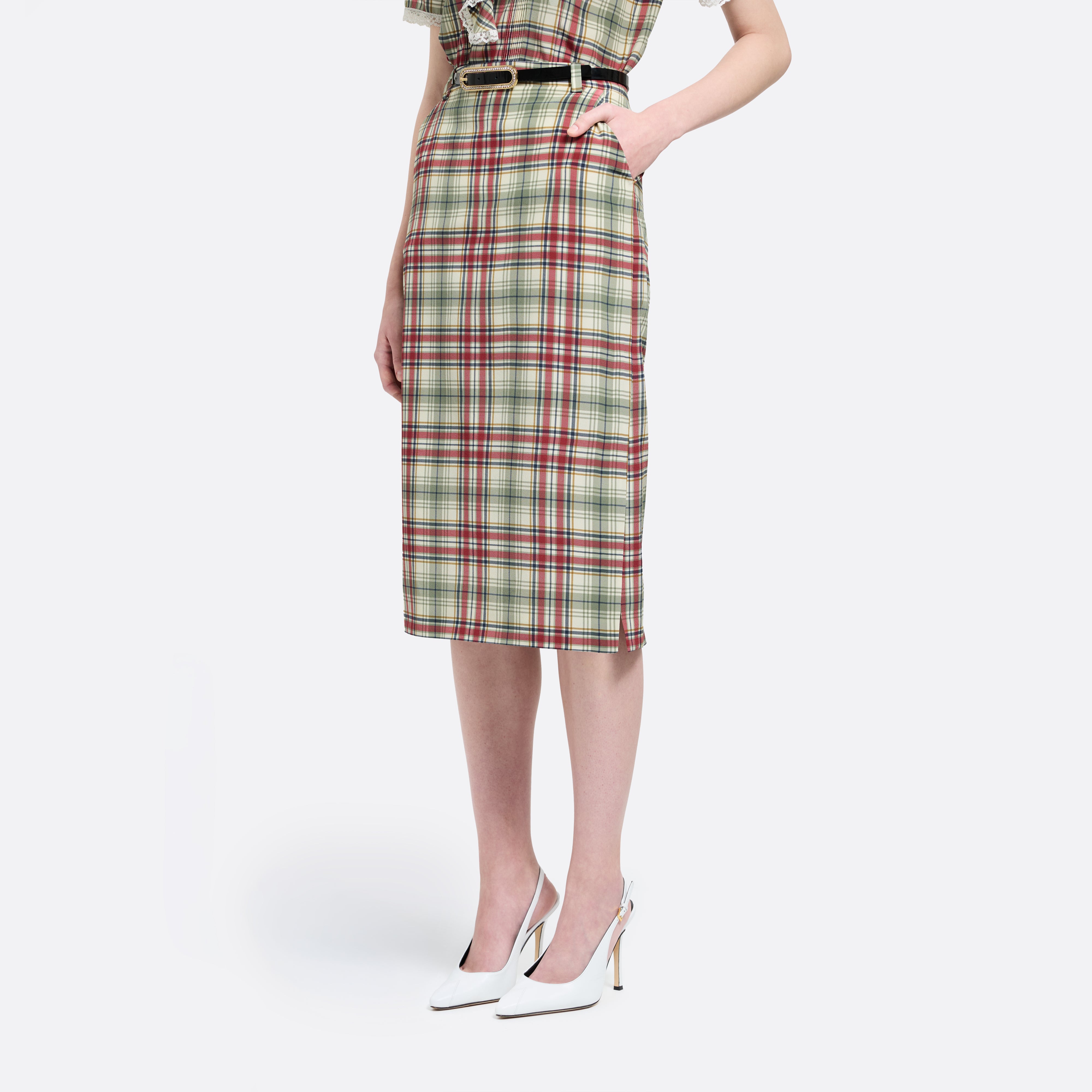 Alessandra Rich Tartan-Print Silk Midi Skirt jupe soie vert rouge 40