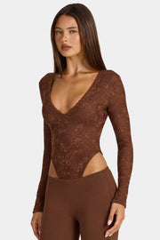 Oh Polly Shania body dentelle marron manches longues