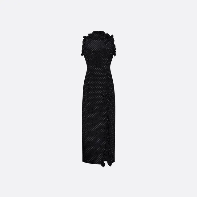 Alessandra Rich Silk High Neck Midi Dress robe noir ivoire 36-46