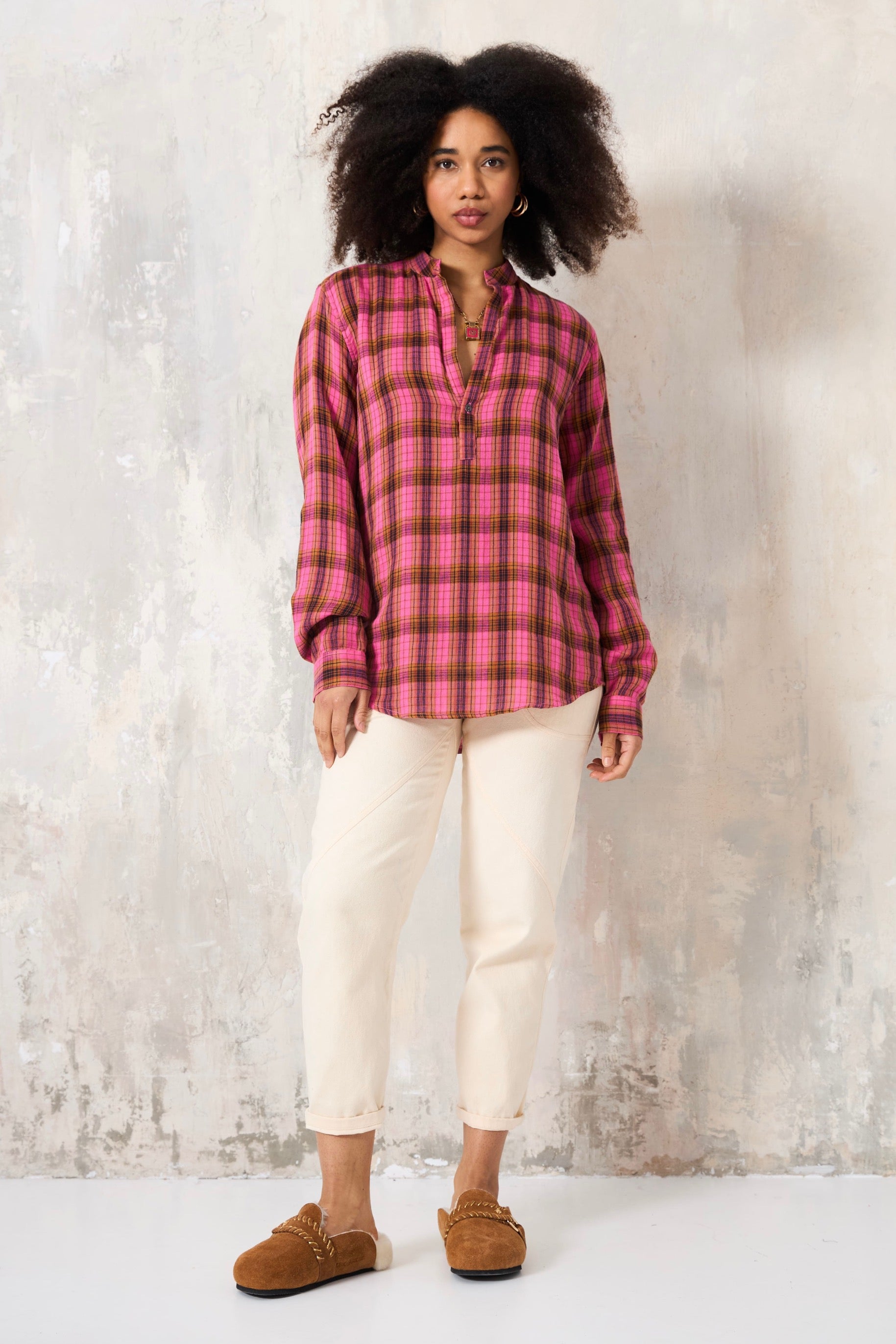 Chicosoleil Botega blouse coton rose à carreaux