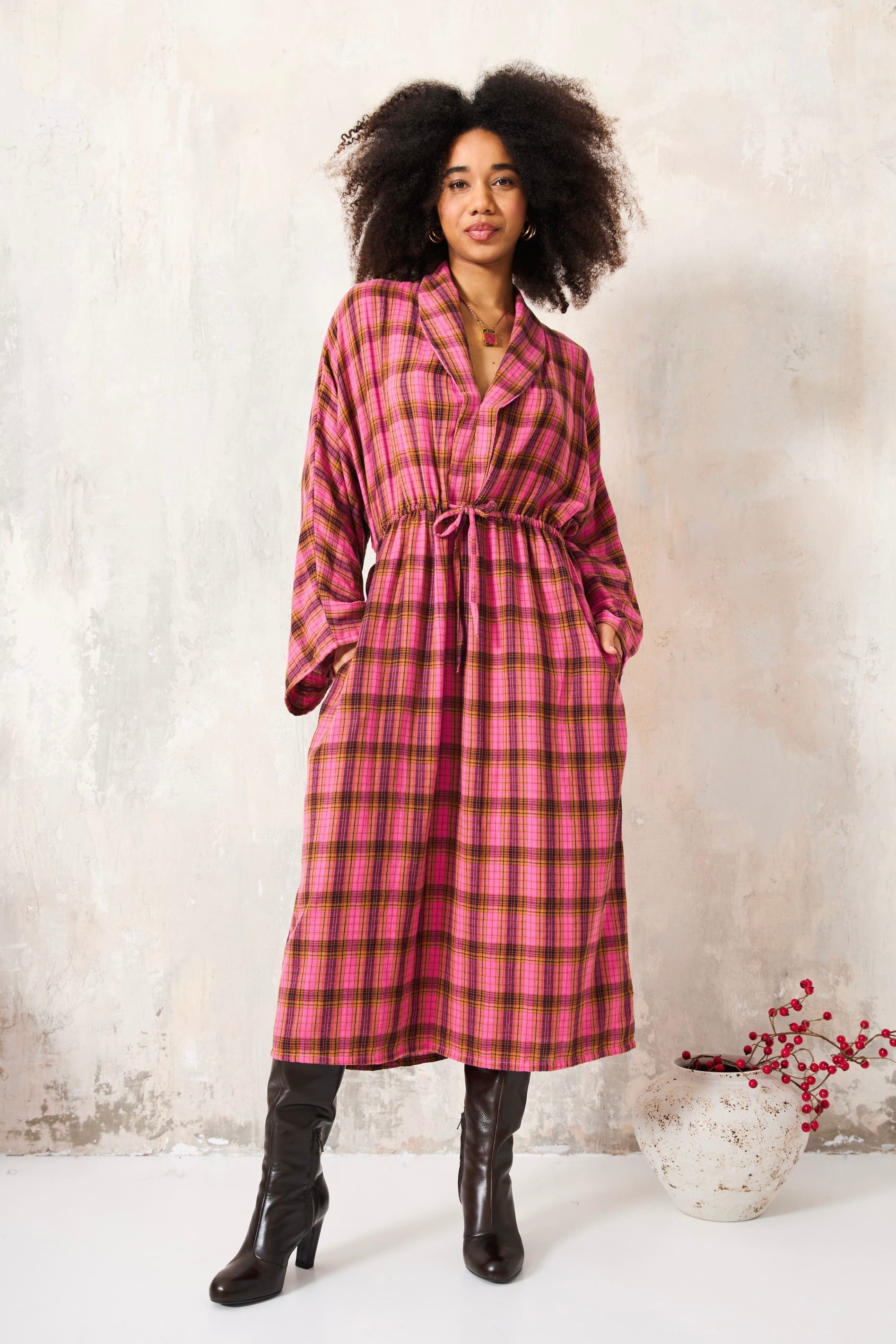 Chicosoleil Robes Winona robe longue rose carreaux coton