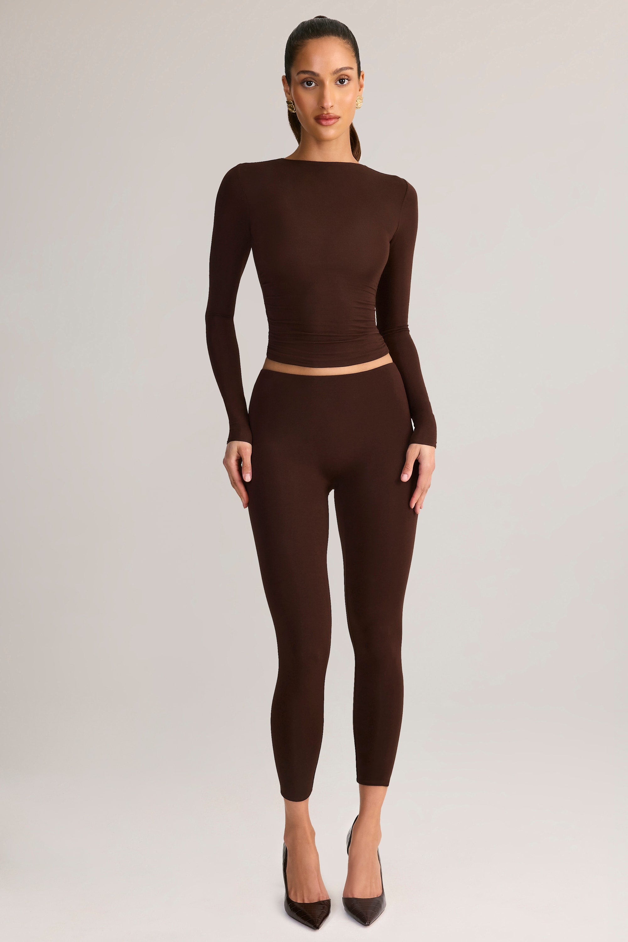 Oh Polly Roux 15441 Legging Marron 7/8 Taille Mi-Haute Modal