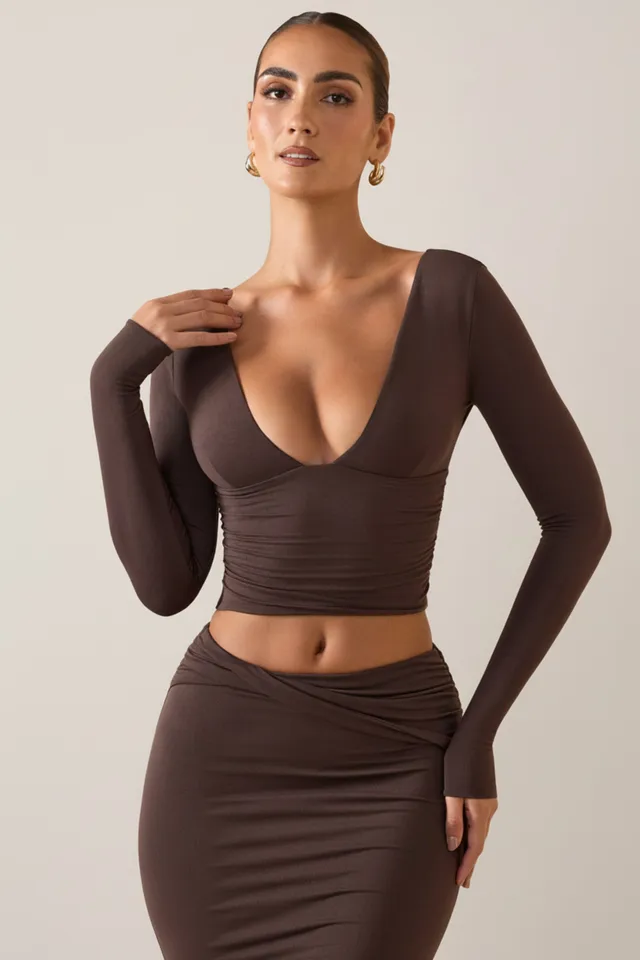Oh Polly Harri Top Plongeant Marron Chocolat Modal Manches Longues