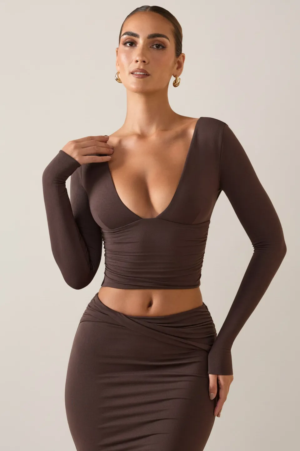 Oh Polly Harri Top Plongeant Marron Chocolat Modal Manches Longues