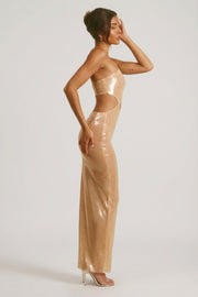 Oh Polly Isabel 7124 Robe Maxi Camel Paillettes Une Épaule
