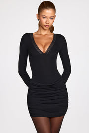 Oh Polly Elona Robe Mini Noire Modal Manches Longues