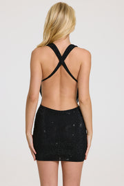 Oh Polly Kiana mini robe noire strass col bénitier
