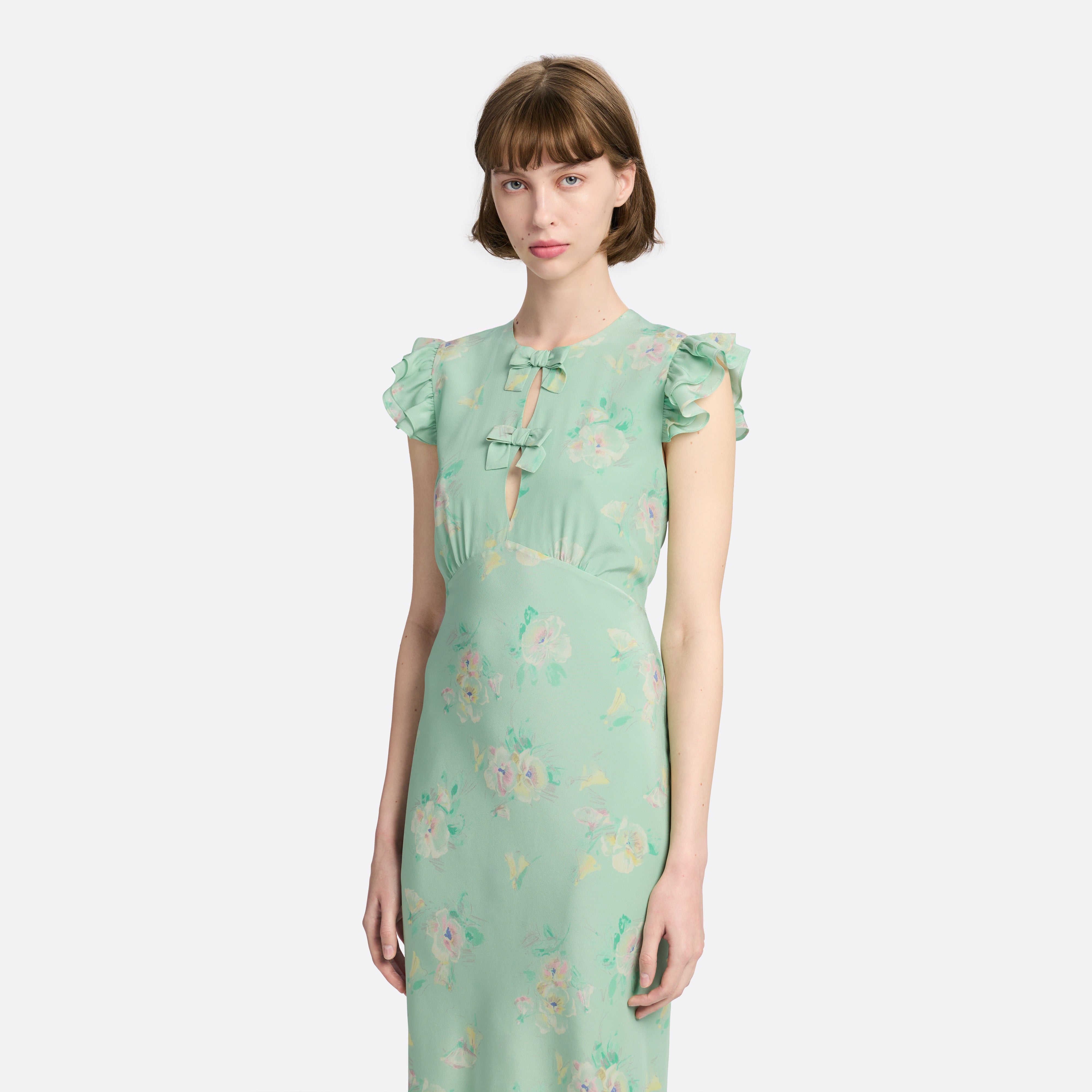 Alessandra Rich Robe midi soie volants vert multi