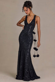 Oh Polly Embellished Plunge Gown robe noire sequins fleurs