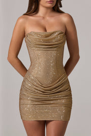Oh Polly Embellished 15515 mini robe dorée bustier strass