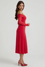 Oh Polly Nerissa 12683 robe midaxi rouge épaules dénudées