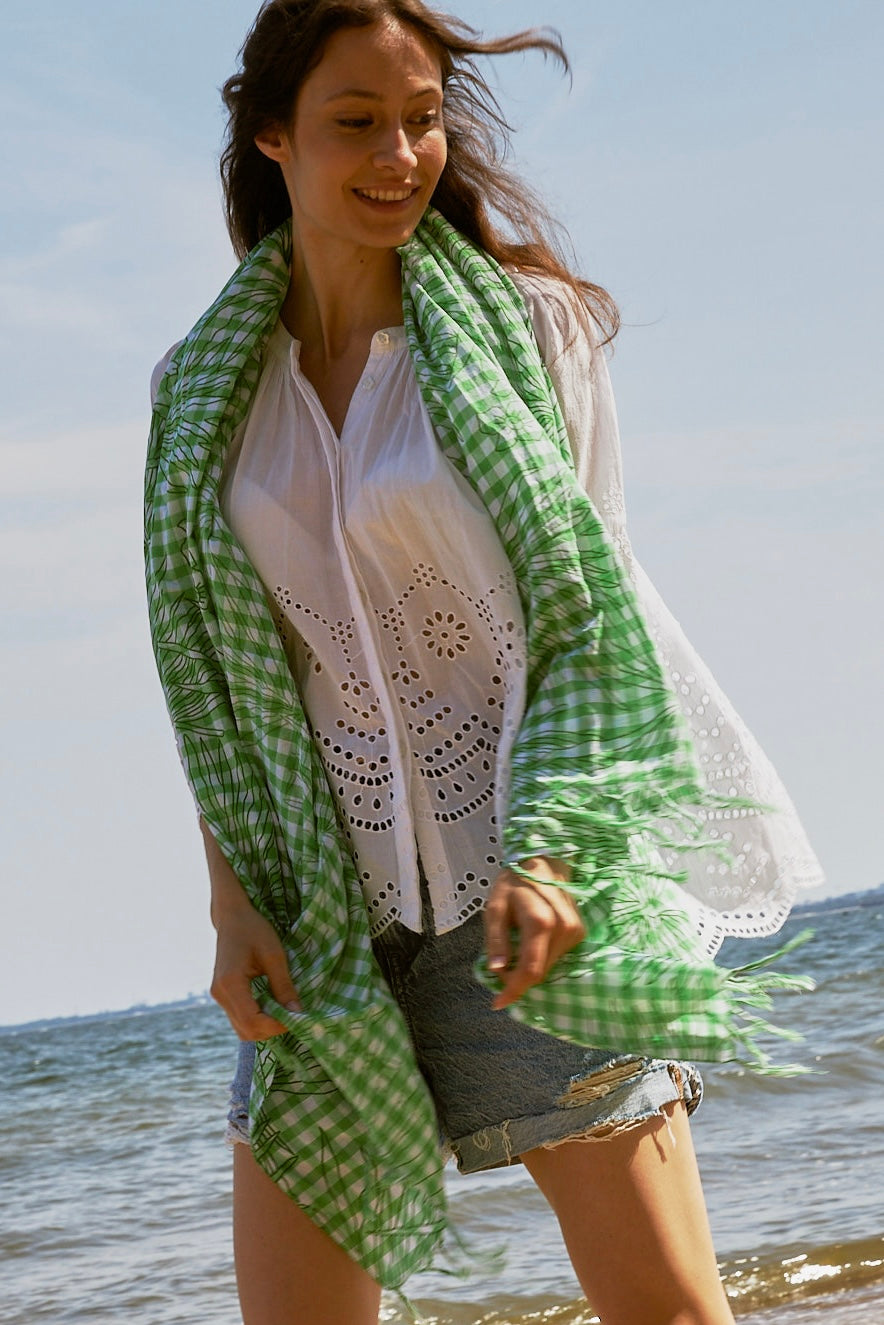 Chicosoleil Vichy Bohème étole verte coton