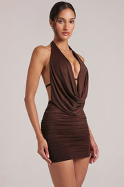 Oh Polly 16009 robe mini marron dos nu jersey drapé