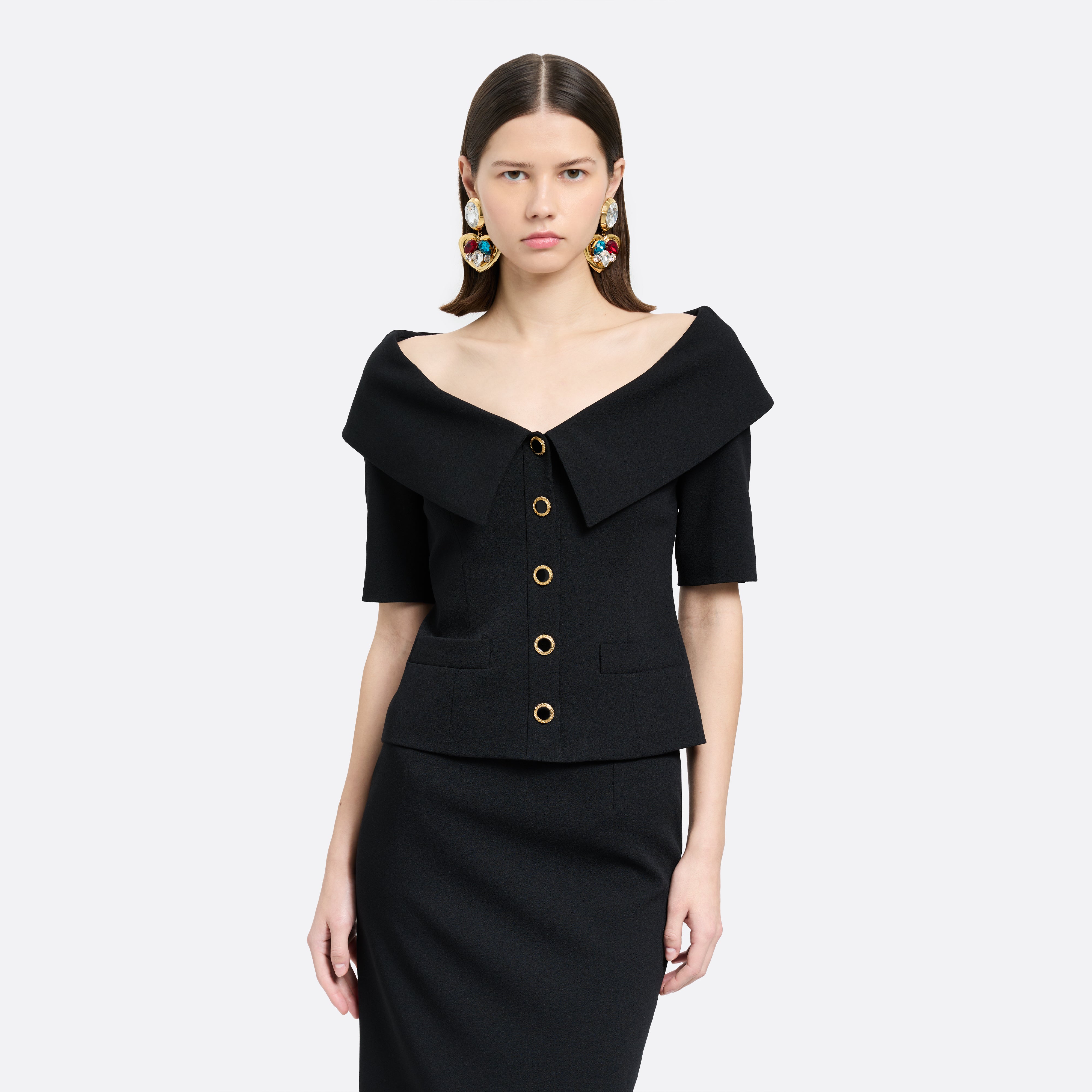 Alessandra Rich Wool Crepe Off-Shoulder veste noire laine