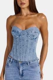 Oh Polly Tops 16521 top corset jean bleu denim stretch