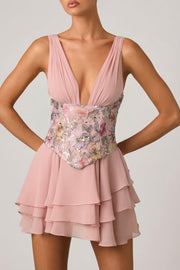 Oh Polly Embellished Sakura mini robe rose floral corset volants