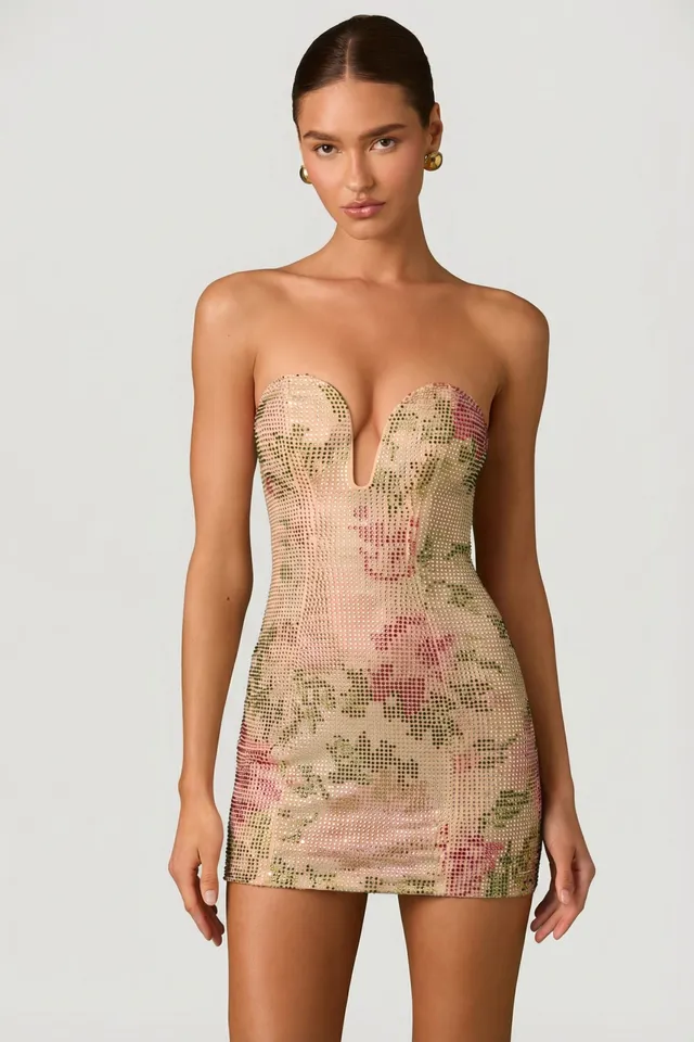 Oh Polly Robe mini bustier 13719 rose strass fleurs