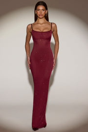 Oh Polly Embellished Celandine robe maxi bordeaux dos nu strass