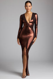 Oh Polly Safiya robe longue cuivre bronze jersey métallique