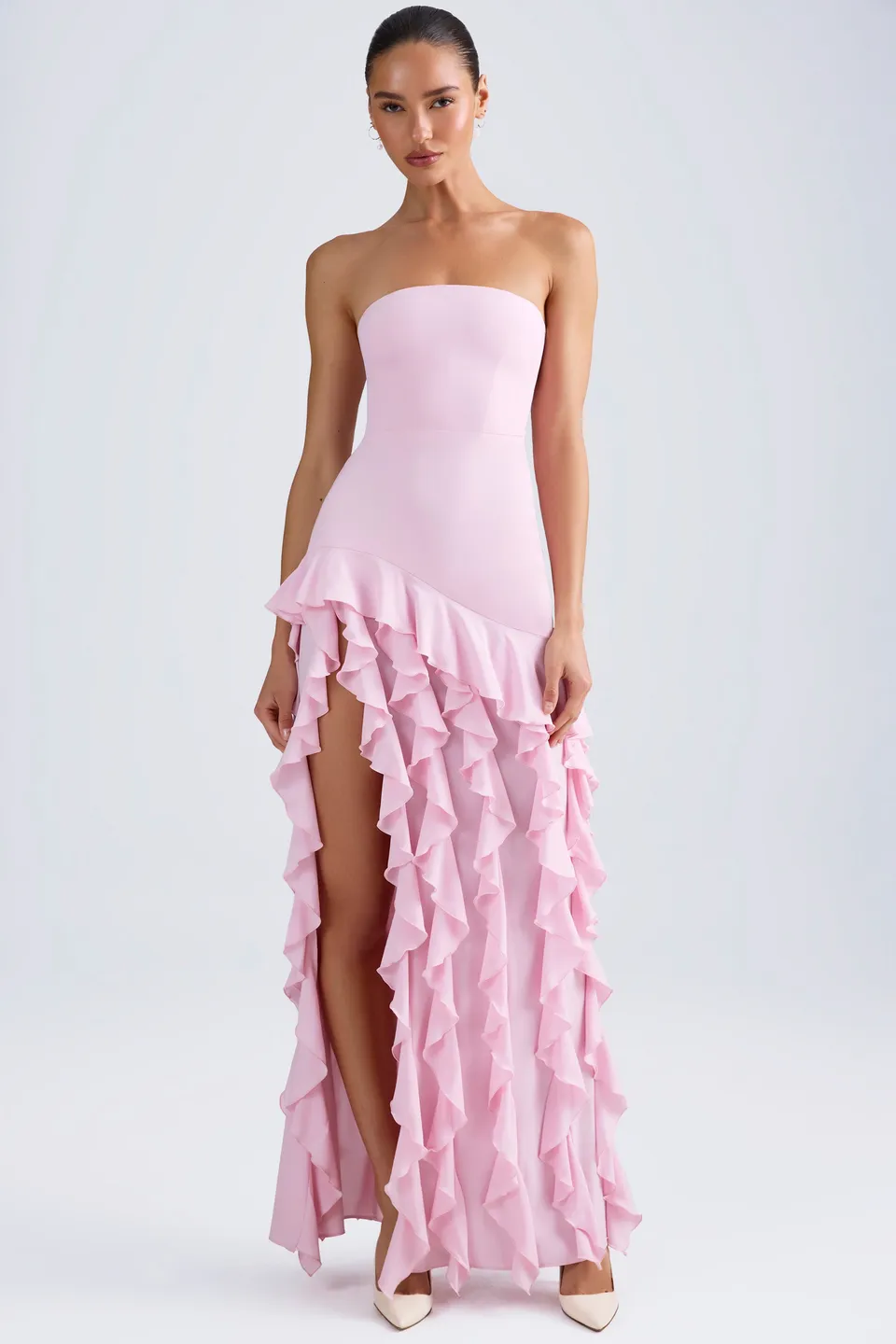 Oh Polly Diletta 8380 robe longue bustier rose volants